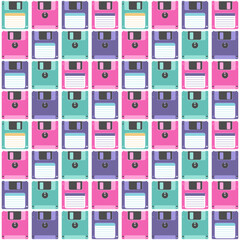 Seamless pattern in 90 style. Diskette or Magnetic floppy disk  in flat design. Attributes of pop culture of the 90s. Vector illustration. 
