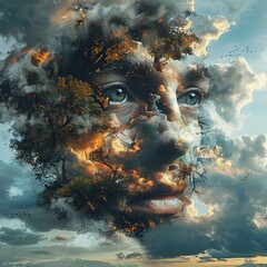 A surreal composition that merges a human face with elements of nature and the sky, creating a thought-provoking visual metaphor for human's connection to nature.