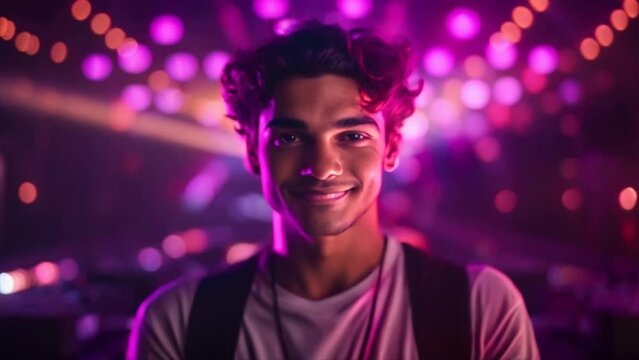 young dj stands in a vibrant festival atmosphere, surrounded by neon lights