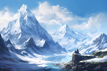 a snowy mountain range with a lake - obrazy, fototapety, plakaty