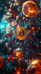 Fototapeta premium The iconic Bitcoin currency symbol stands out against a backdrop of an illuminated digital circuit board, representing the digital currency revolution. 