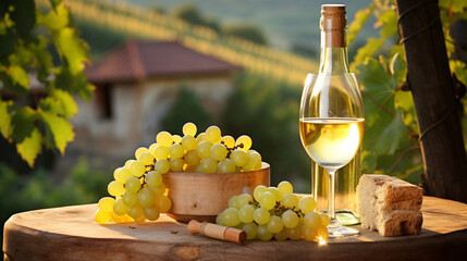 Bottle and barrel of white wine with ripe grapes - obrazy, fototapety, plakaty