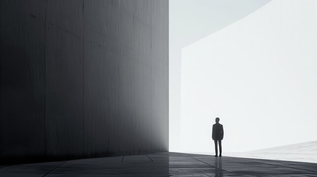Silhouette of a person standing at the entrance of a large minimalist structure with diffused light. Concept of solitude and contemplation for design and print. Monochrome image with space for text