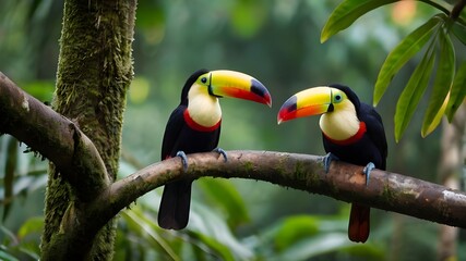 Toucan sitting on the branch in the forest green veget