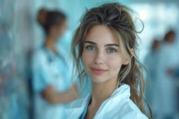 Obraz premium a woman in a lab coat is smiling for the camera in a hospital
