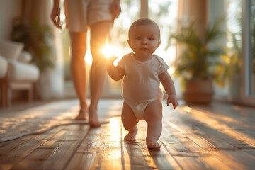 cute toddler little child family concept, baby learning to walk with father and mother to help care and holding hand, first step with childhood parent support, small love portrait little boy at home