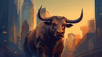 Afwasbaar fotobehang Bull illustration against city backdrop indicating rob © Cybonix