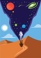 An astronaut standing on a red sand dune seeing images of the universe through a wormhole. Editable Clipart.