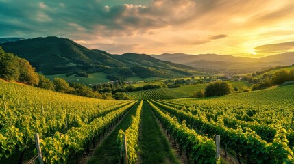 Vineyard with grapes in late summer before harvest near a winery stock photo - obrazy, fototapety, plakaty