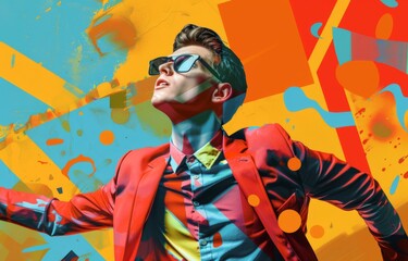 Fototapeta na wymiar Vibrant Pop Art Portrait of Stylish Young Man with Bold Colors and Abstract Shapes