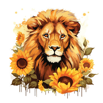 Lion and Sunflowers Clipart clipart isolated on white