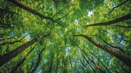 Majestic Forest Trees Reaching Towards the Sky, Verdant Foliage Forming a Lush Canopy Overhead. Serene Woodland Landscape Concept.