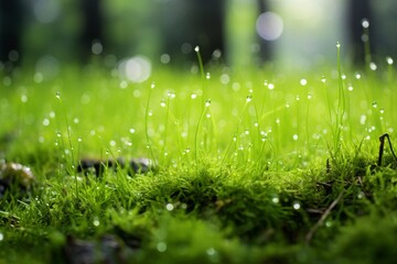 a close up of grass with water droplets - obrazy, fototapety, plakaty