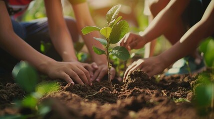 Children's hands planting a young tree in soil, environmental education concept