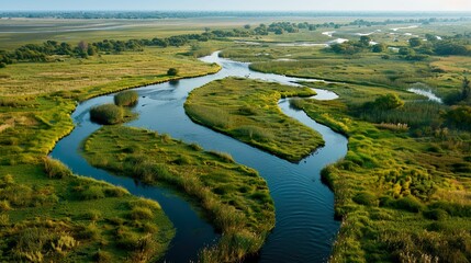 Naklejka premium A tranquil river delta with meandering channels and marshy wetlands
