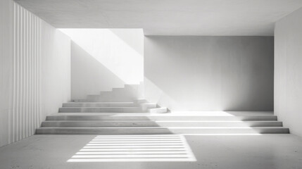 Minimalist concrete staircase with shadow patterns in a modern architecture setting. Light and shadow play concept for interior design and print. Architectural photography with copy space