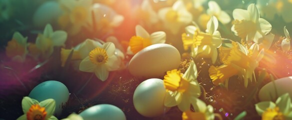 Easter Egg Hunt Amongst Morning Daffodils - obrazy, fototapety, plakaty