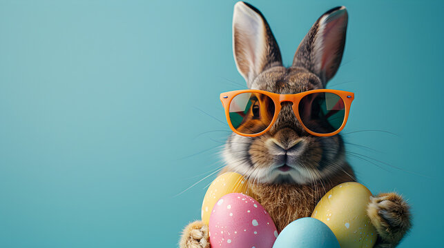 An easter bunny rabbit wearing sunnies holding colorful easter eggs against a turquoise isolated background. Perfect for easter holiday celebrations and springtime events.