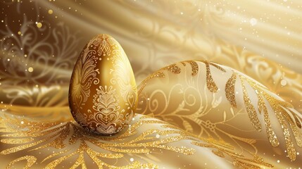Elegant Filigree Golden Easter Egg on Shimmering Fabric - obrazy, fototapety, plakaty
