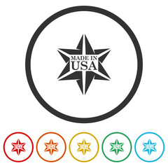 Made in USA label. Set icons in color circle buttons