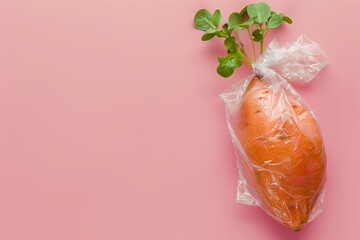 A sprouting sweet potato wrapped in plastic on a pink background. Food waste concept.