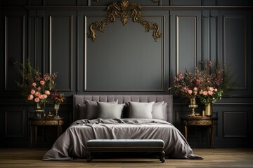 stylist and royal Bedroom interior mockup with dark bed on empty wooden wall background, space for text
