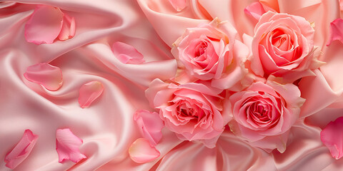 Pink roses and pink rose petals on soft silk