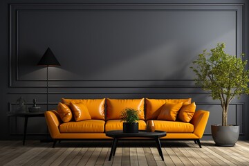 stylist and royal Black mock up wall with orange sofa in modern interior background, living room