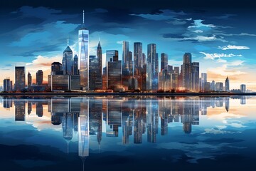 a city skyline with a reflection of the water - obrazy, fototapety, plakaty