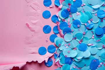 A tear down the middle of a piece of pink paper reveals confetti in different shades of blue.