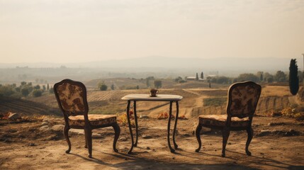 Wooden table and chairs on the background of a beautiful landscape, the concept of peace and tranquility