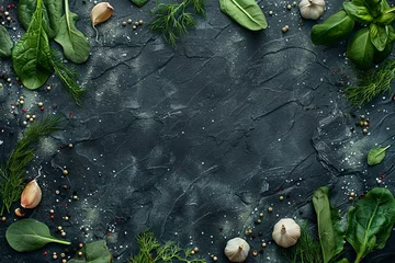 Fotobehang Dark Stone Background with Bulbs, Croutons, Garlic, Dill, Peppercorns, Spinach and Salt. Dark Slate Frame © artemstepanov