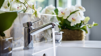 Elegant chrome faucet with running water in a serene bathroom with elegant white orchids in...