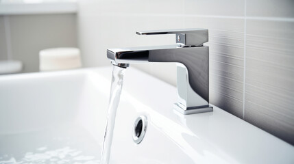 Fototapeta premium Sleek modern faucet with clear stream of water over minimalist bathtub, modern and minimalistic design in modern luxury bathrooms, relaxation and self-care