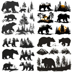 Bear wild animal silhouettes, various bear silhouettes on the white background