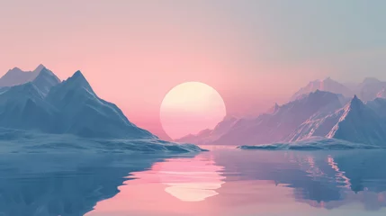 Wandcirkels aluminium Majestic pink sunset over tranquil mountainous landscape reflected in calm waters. Surreal nature scene for peaceful and dreamy concept with place for text for design and print © Truprint