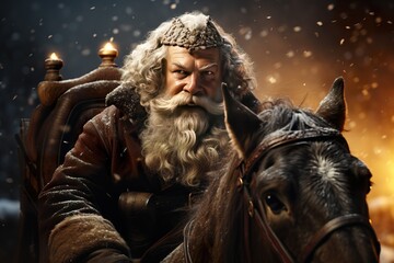 stylist and royal Composition of santa claus in sleigh pulled by reindeer over snow falling and clouds background - obrazy, fototapety, plakaty