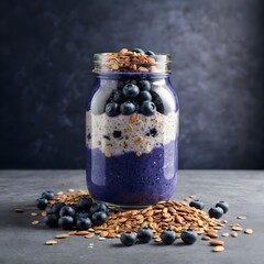 Blueberries with liquid in jars and berries and nuts on the floor around jar