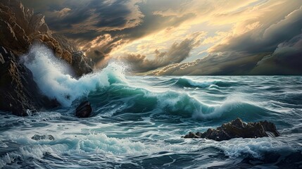 Storm, waves, mountains, sea foam, storm, cloudy sky, strong wind, dark colors, realistic style. Ocean, aqua, water, shore, highland, rock. Concept of nature s fury, ocean danger. Generative by AI