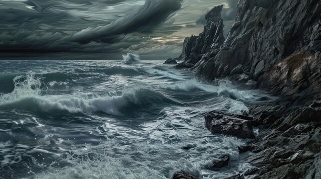 Storm, waves, mountains, sea foam, storm, cloudy sky, strong wind, dark colors, realistic style. Ocean, aqua, water, shore, highland, rock. Concept of nature s fury, ocean danger. Generative by AI