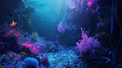 Underwater world, corals, sea life, fish, purple tones, natural environment, flora and fauna, sun rays, water, aqua, sea, ocean, great depth, realistic style. Generative by AI