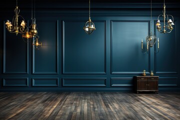stylist and royal Dark blue wall in an empty room with a wooden floor, space for text, photographic