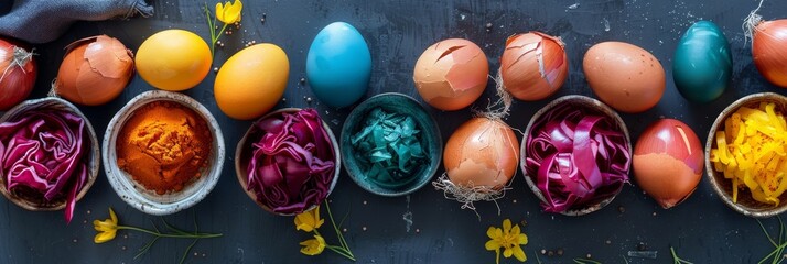 Easter Eggs Natural Dye, Natural Ecological Paints for Eggs, Homemade Colored Easter Eggs with Ingredients - obrazy, fototapety, plakaty