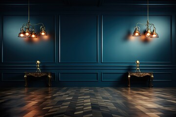 stylist and royal Dark blue wall in an empty room with a wooden floor, space for text, photographic
