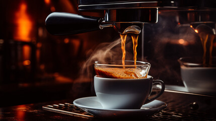 Coffee machine pouring coffee into a cup capturing - obrazy, fototapety, plakaty