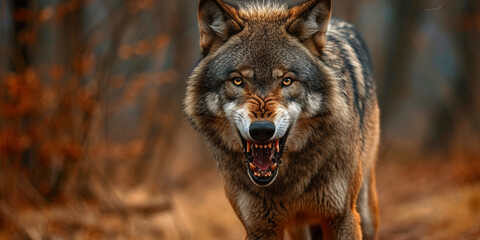 Obraz premium Portrait of a Grey wolf angry in the forest