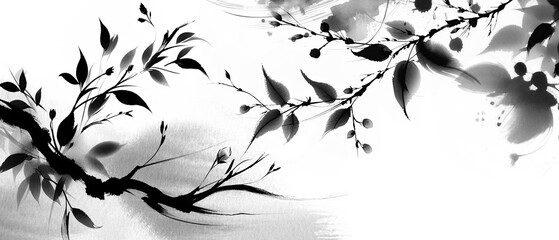Drawing of abstract watercolor branches and flowers in chinese and japanese ink style, horizontal banner - 763024480