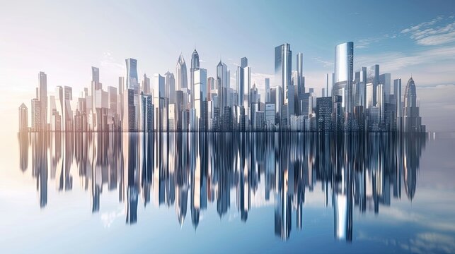 Skyscrapers, tall buildings, glass, glazing, urbanism, sun, high rise buildings, office buildings, water surface, reflection. Beauty and grandeur of modern architecture concept. Generative by AI