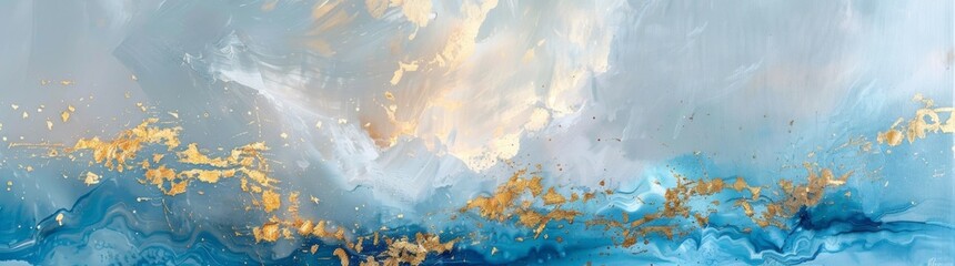 Abstract Blue and Gold Painting, large canvas paintings in the style of romantic landscape, brushstrokes - obrazy, fototapety, plakaty