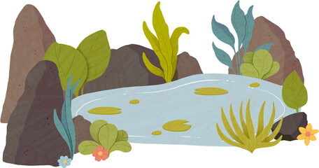 Textured art of pond or lake with tropical plants, stones